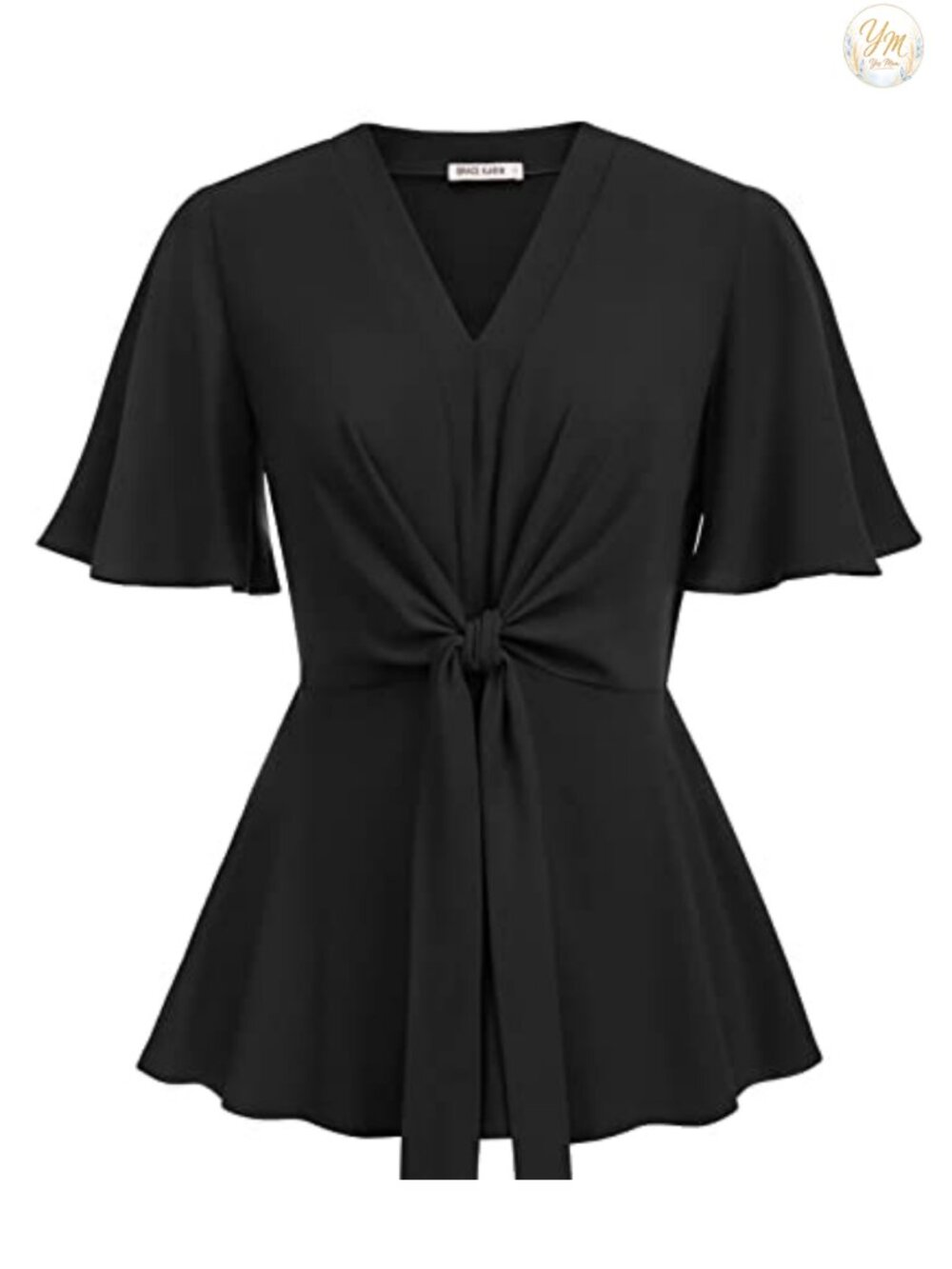 Women's Elegant V-Neck Peplum Top Tie Waist Ruffle Bell Sleeve Blouse